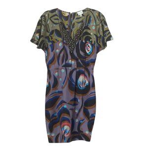 Tracy Reese 100% Silk Embellished V Neck Abstract Print Mini Dress Sz. M